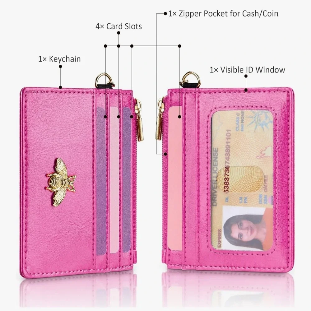 🆕 Card Holder Keychain Wallet for Women with ID Window RFID Coin Purse Bee
